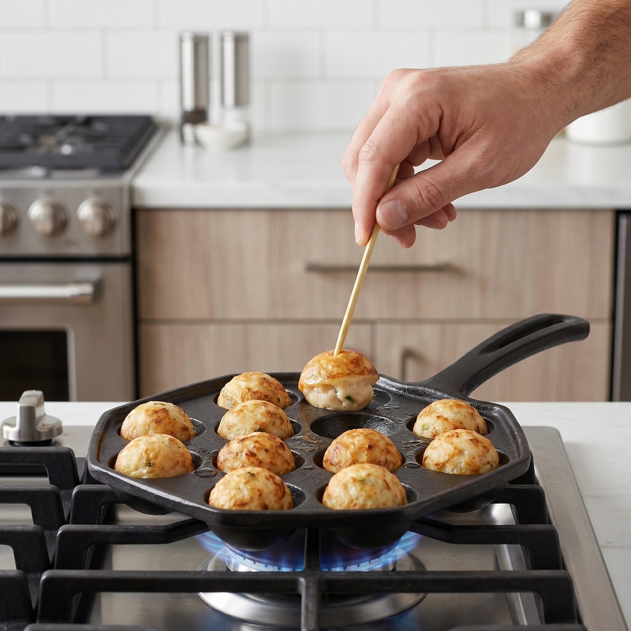 Takoyaki Grill Plate - 12個の型が付いたたこ焼き器、鋳鉄製、焦げ付き防止加工、焼き皿、たこ焼きプレート、エベルスキーヴァー型、たこ焼きメーカー。