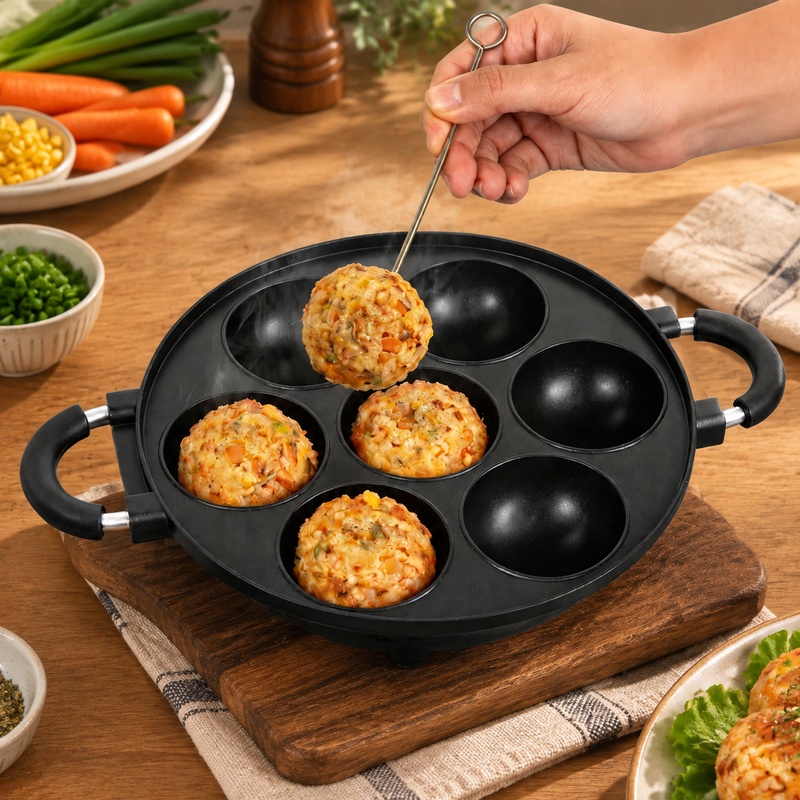 Takoyaki Grill Plate - パンケーキボールやたこ焼きを作るための、焦げ付き防止加工が施された7個の型が付いたアルミ製型。家庭での焼き菓子作りに最適。